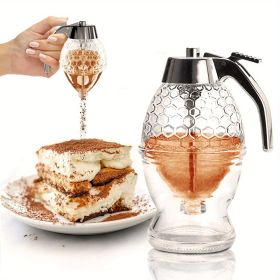 Honey Dispenser; No Drip Maple Syrup, Honey Comb Shaped, Honey Pot; Honey Jar With Storage Stand; 8oz Capacity