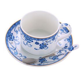 Ceramic Coffee Cup Set, British Afternoon Tea Mug With Plate & Spoon (Blue White)