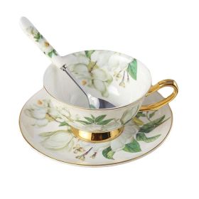 Coffee Cup Set, Porcelain Tea Cup, Ceramic Mug Cup Saucer Spoon 6.8oz, Magnolia