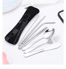 Travel Flatware Set, 8 Pieces, Portable, Stainless Steel, Utensils Set, Knife Fork Spoon Chopsticks Straw with Zipper Case