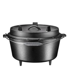 Dutch Oven, 8-qt, with Flanged Iron Lid for Campfire or Fireplace Cooking, Pre-seasoned Cast Iron, Flat Bottom