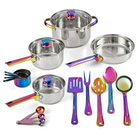 Cookware Set, 20pcs, Iridescent Stainless Steel with Kitchen Utensils and Tools