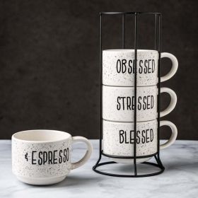 Mugs with Rack, 4 8 oz. White and Black Speckled Sentiment Espresso Stoneware