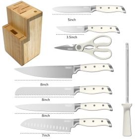 White Knife Set With Block - 9 Piece Razor Sharp, Forged High Carbon Stainless Steel, Kitchen Knives - Triple Rivet