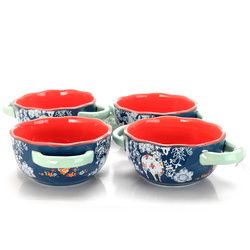 Soup Bowl Set, with Handles, Urban Market Life on the Farm,  4 Piece, 6 Inch, Ceramic