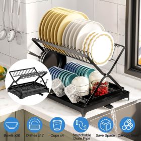 Dish Drying Rack, 2 Tier, with Cup Holder, Foldable Dish Drainer, for Kitchen Countertop, Rustproof, Utensil Holder