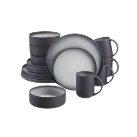 Dinnerware Set, 16pcs, Charcoal and Dark Gray Contrasting Stoneware  (Serves 4)