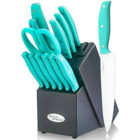 14pc Kitchen Knife Block Set With Built-in Sharpener, Marco, Almond Kitchen Knives KYA24B, Stainless Steel