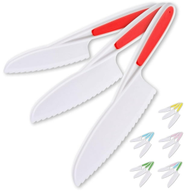 Kids Knife Set,  3-Piece for Cooking Cutting Fruits Veggies & Cake, Starter Knife, Red, Zulay