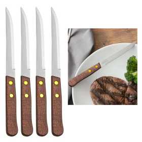 Steak Knives, Knife Set, Utensil Cutlery, Wooden, Serrated, 4 Pack Stainless Steel