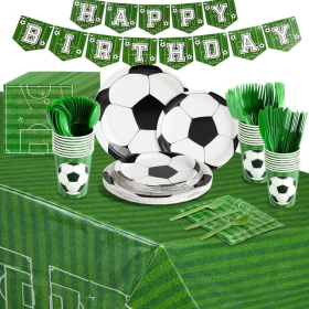 Soccer Birthday Party Decor, Serves 24, 171pcs, Plates, Napkins, Cups, Green Cutlery Set, Tablecloth