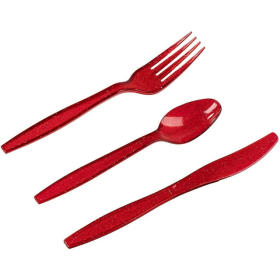 Red Plastic Silverware Set, Spoons, Forks, and Knives for Parties, Birthday, Dinnerware Supplies (Serves 32)