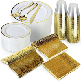 Plastic Dinnerware Set, 600pcs, Gold, Including Plates, Cutlery and Cups