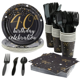 40th Birthday Party Supplies Set, 144pcs, Serves 24, Paper Plates and Napkins, Cups, Cutlery