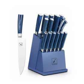 16pc Kitchen Knife Set, with Block, 6 Steak Knives, German Stainless Steel, with Sharpener - Blue