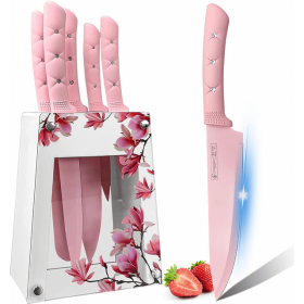 Chef Knife Set, 6PC, with Block, Stainless Steel, Sharp, Pink Flower with Acrylic Stand, Non-slip