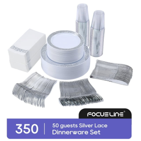 Silver Plastic Dinnerware, 350pc, 50 Guest-100 Silver Lace Plates-50 Silverware-50 Silver Cups-50 Linen Feel Silver Paper