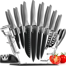 19pc Knife Set, Rust Proof Knives Set, with Acrylic Stand, Sharpener, Scissors and Peeler