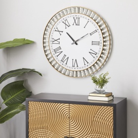 24" White Metal Wall Clock, DecMode  Gold Frame and Radial Beading