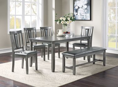 6pc Dining Set, Gray Color, 4 Chairs, 1 Bench, Solid wood Rubberwood and veneers