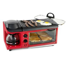 Electric Breakfast Station, 3-in-1 Family Size, Coffeemaker, Griddle, Toaster Oven - Retro Red, Nostalgia