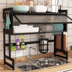 Dish drying rack, 2-tier dish rack with lid, suitable for the kitchen (black, medium length 33.46)