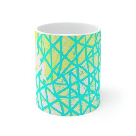 Coffee Mug, 15oz, Cyan Blue Lime Green And White Pattern, Decorative Ceramic