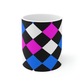 Decorative Ceramic Coffee Mug 15oz, Black Pink Blue Checkered Pattern