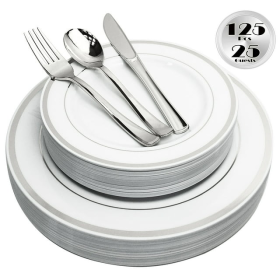 125 Piece Silver Plastic Plates & Cutlery Set, Re-usable Recyclable Plastic Plates with Silver Rim & Silverware, 25 Dinner Plates