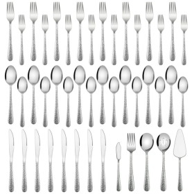 45-Piece Silverware Set with Serving Utensils, Stainless Steel Hammered Flatware Cutlery Set for 8