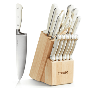 14 Pieces Knife Set with Wooden Block, Stainless Steel Knives, Dishwasher Safe, Ergonomic Handle, Triple Rivet-Pearl White