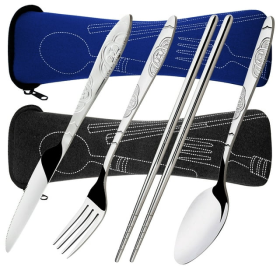 2 Set Flatware, Stainless Steel Chopsticks Fork Spoon Knife Dinnerware with Carrying Case for Traveling Picnic Working Hiking