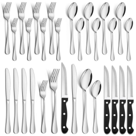 24 Pieces Silverware Set with Steak Knives, Stainless Steel Flatware Cutlery Set Service for 4, Mirror Finish and Dishwasher Safe