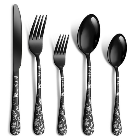 Black Silverware Set, 20-Piece Stainless Steel Flatware, Flower Pattern Forks and Spoons Set with Knives, Mirror Finish & Dishwasher Safe