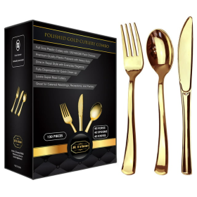 Gold Plastic Silverware Set, Re-Usable, Recyclable, Plastic Cutlery, 40 Forks, 40 Spoons, 40 Knives