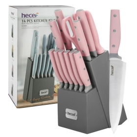 14Pcs Knife Block Set, High Carbon Stainless Steel ,Cutlery Knife Set with Sharpener,  Hecef Kitchen