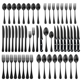 48pc Flatware, Matte Black Stainless Steel, with Steak Knives, Cutlery Set for 4, Hand Wash Recommended (Black1)