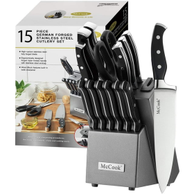 15-Piece Kitchen Knife Set, Stainless Steel, Forged Triple Rivet Cutlery Knife Block Set with Built-in Sharpener