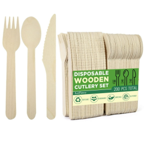 Cutlery Set, 200 Count Disposable Wooden , Biodegradable Utensils, 100 Forks, 50 Spoons, 50 Knives