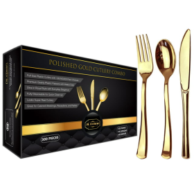 300 Piece Gold Plastic Silverware Set, Re-Usable Recyclable Plastic Cutlery, Gold Plastic Utensil, 100 Forks, 100 Spoons, 100 Knives