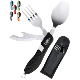 4-in-1 Camping Utensils, 2-Pack, Portable Spoon, Fork, Knife & Bottle Opener Combo Set, Travel