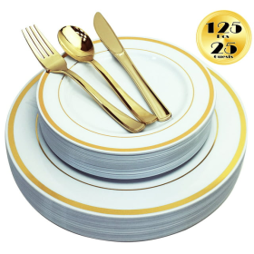 Plastic Plates with Gold Rim & Silverware, 125pcs, Re-usable, Recyclable, 25 Dinner Plates