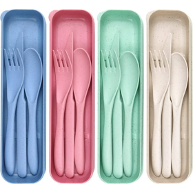 4 Pack Reusable Travel Utensils Set with Case, Wheat Straw Portable Knife Fork Spoons Tableware