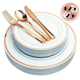 Rose Gold Rim Plastic Plates & Cutlery Set, Re-usable Recyclable, Plastic Plates, Rose, 25 Dinner Plates