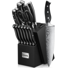 14pc Knife Set, German Stainless Steel Kitchen Knives, Block Set with Built-in Sharpener, Black