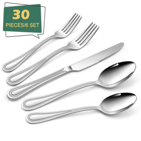 30 Pieces Silverware Set, Stainless Steel Flatware Cutlery Set Service for 6, Fork Knife and Spoon Set, Pearled Edges