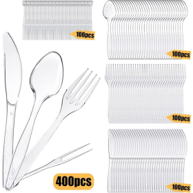 Clear Plastic Cutlery Set, 400PCS, Reusable, Set Includes 100 Forks 100 Spoons 100 Knives 100 Fruit Forks