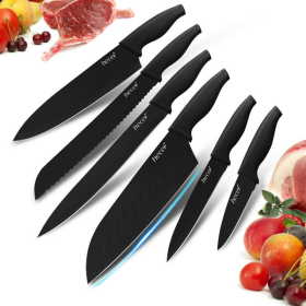 Knife Set, 6pcs, Black Oxide Japanese Chef Santoku Cooking Knife with Covers for Kitchen, Hecef