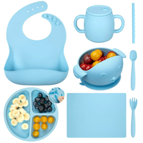 Baby Feeding Set, 7pcs, Utensils: Suction Bowl and Plate, Baby Spoon and Fork, Bib, Sippy Cup with Straw