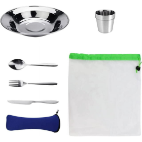 Camping Flatware Set, for 1, Stainless Steel, Cup, Plate, Bowl, Fork, Knife, Spoon, Camping, Mess Kit